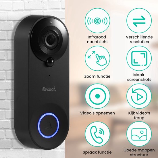 Sonnette vidéo avec caméra - avec gong et carte SD de 128 Go - sans fil - sonnette intelligente - avec application - noir - de Saaf