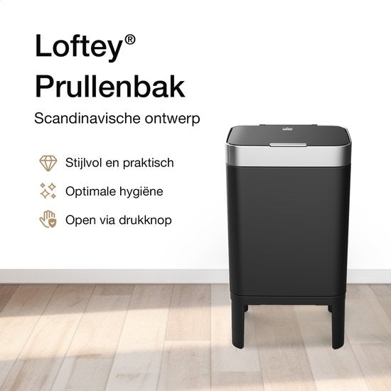 Loftey Trashcan 60 Liter - Push/touch Waste Bin - Duo Waste Bin with inner bin - Trash can 2 compartments - Waste Separation 2x30L - Kitchen - Black/RVS