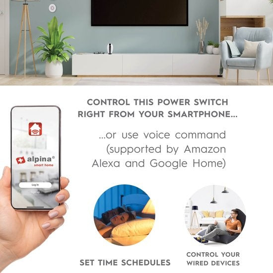 alpina Smart Home - Interrupteur intelligent - 230V/10A - Montage dans le câble - Programmation - alpina Smart Home App - Google Home - Amazon Alexa