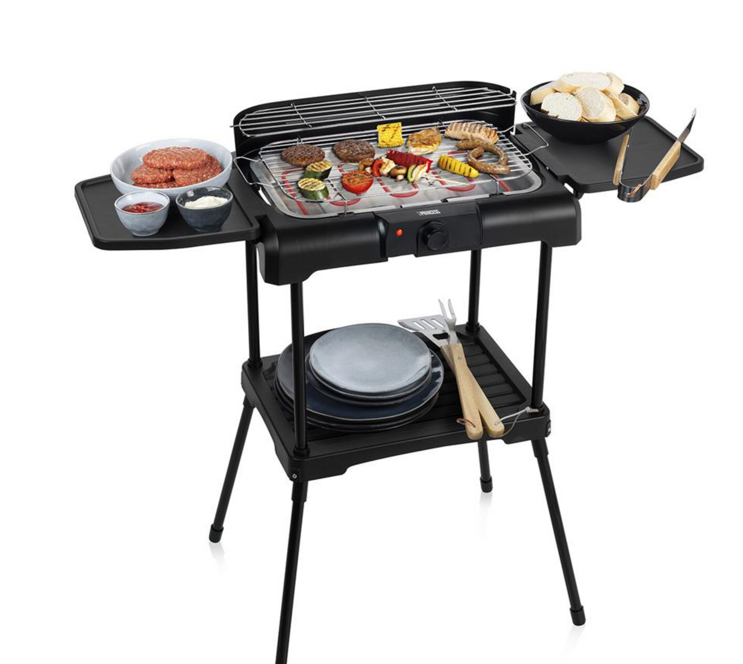 Barbecue électrique Princess avec tables latérales - 2 200 W - 40 x 24,5 cm - Noir