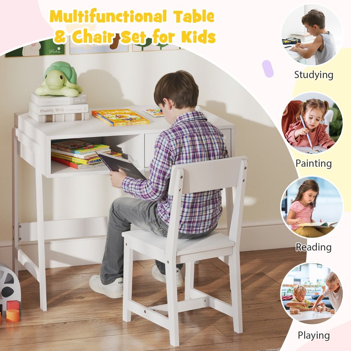 Bureau pour enfant Coast avec chaise - avec tiroir et étagère - conception ergonomique - blanc