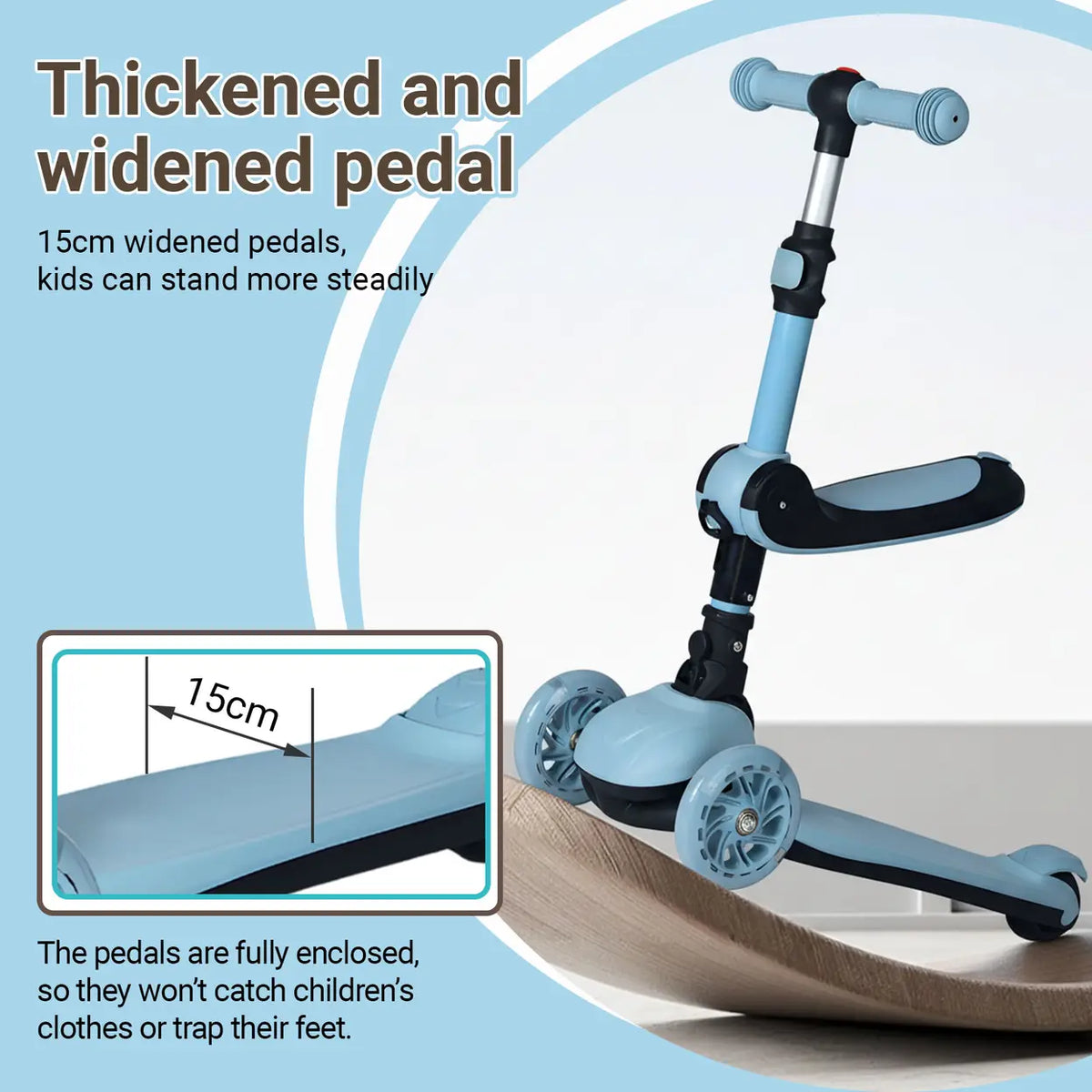 Trottinette pour enfants Neuleb à 3 roues - Bleu ciel - Avec siège, roues lumineuses et 2 réglages de hauteur - À partir de 3 ans
