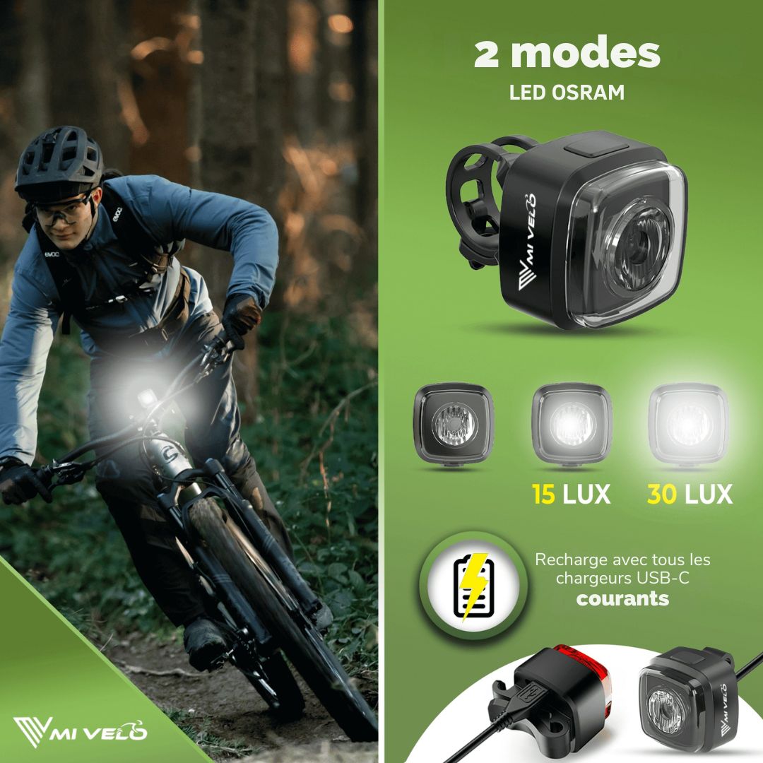 Kit d'éclairage LED Mivelo - pour vélo 'Cube Pro' rechargeable par USB avec feu de freinage - Noir