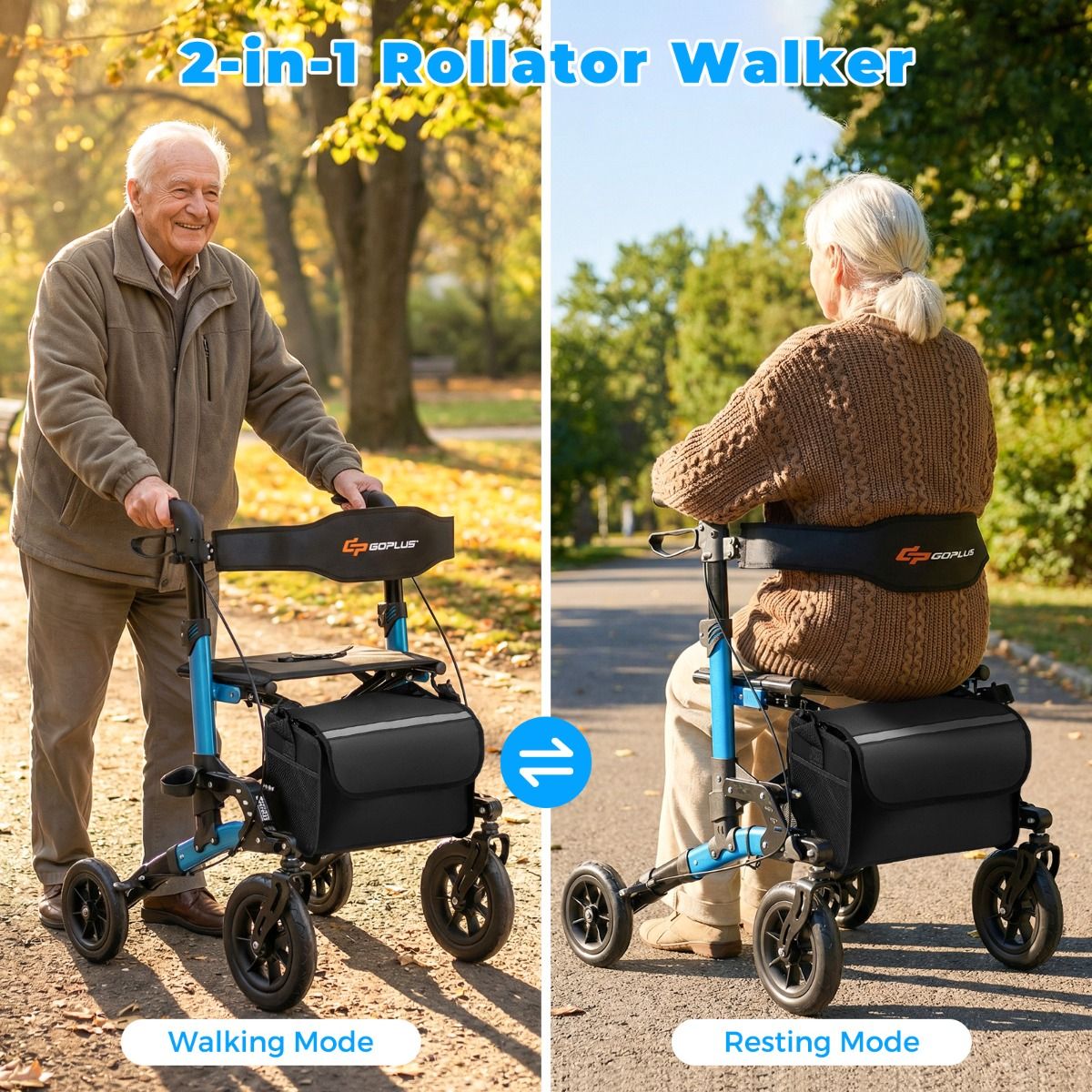 Rollator pliable Coast pour seniors - Siège avec dossier en filet - Grandes roues et porte-canne - bleu