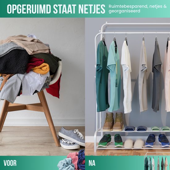 Avalo Rack à vêtements industriel Double Tige - Métal - 110x33x150 CM - Blanc - Rangement pour chaussures - Rack de penderie avec crochets