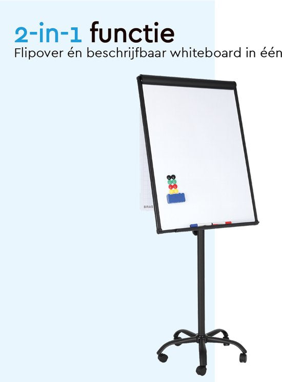 BRASQ Flipchart Mobile - 70x100 cm - Tableau blanc ajustable - Comprend 25 feuilles de papier, 4 marqueurs, 8 aimants, une gomme - Flipchart avec trombone et crochets - Tableau magnétique - Tableau magnétique - Noir
