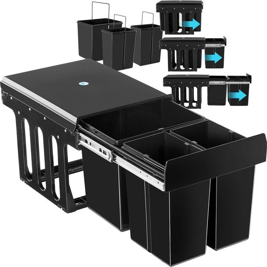 tectake® Collecteur de déchets - Poubelle encastrée - Séparation multiple des déchets - Solution de rangement efficace pour la cuisine et le bureau - Poubelle triple avec rails télescopiques - 2x 8L + 1x 15L