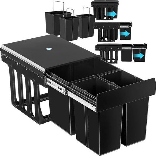 tectake® Collecteur de déchets - Poubelle encastrée - Séparation multiple des déchets - Solution de rangement efficace pour la cuisine et le bureau - Poubelle triple avec rails télescopiques - 2x 8L + 1x 15L