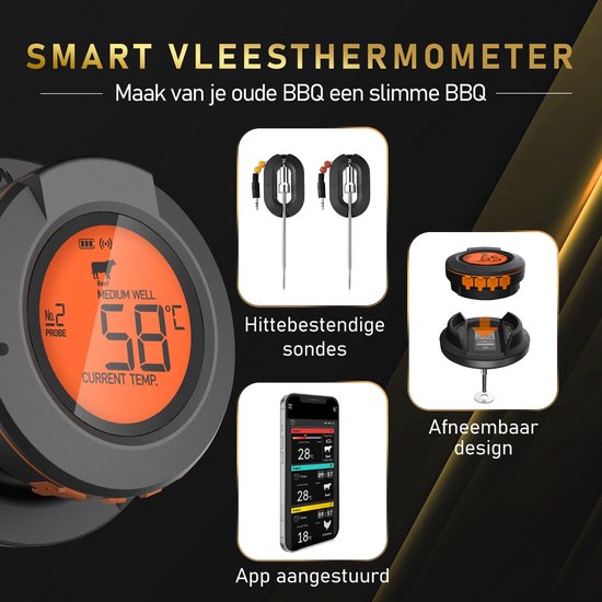 MostEssential AT-02 Thermomètre à viande - Thermomètre de barbecue intelligent - Bluetooth, application et 2 sondes de mesure inclus