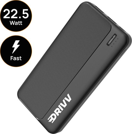Drivv. Powerbank 10 000 mAh - Chargeur rapide 22,5W - Charge rapide USB 3.0 - USB C - Convient à Samsung / iPhone / autres - Noir