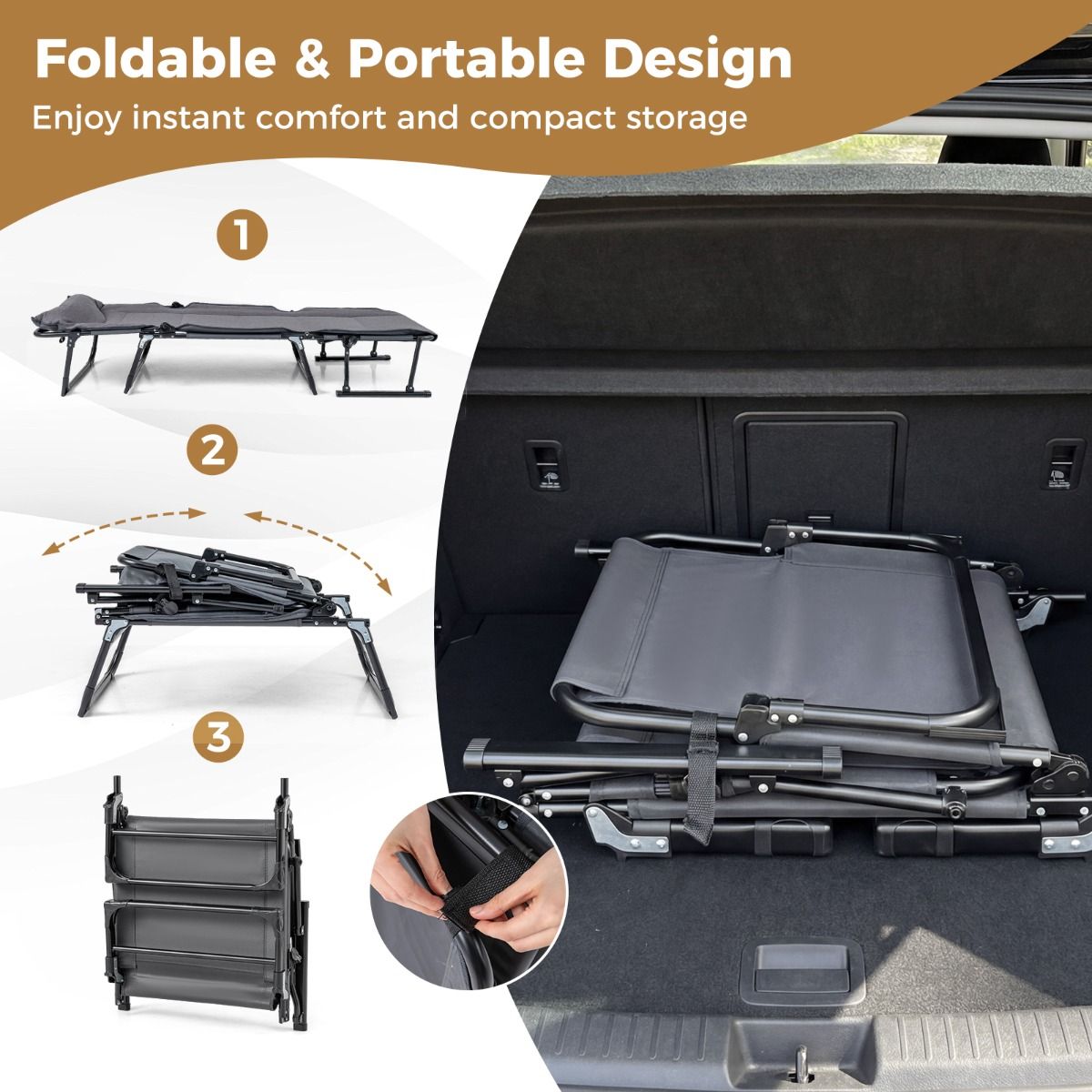 Lit de camping Coast 3-en-1 : lit de camp et chaise longue pliables - 6 positions - Gris et noir