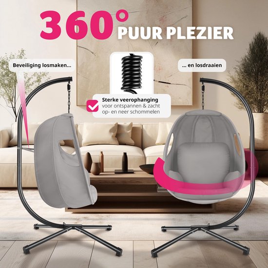 tectake® Chaise suspendue avec cadre - Chaise à bascule avec coussin + coussin de dossier - Meuble de salon ou de chambre - Meuble de balcon - Intérieur ou extérieur - Jusqu'à 160kg - Gris clair