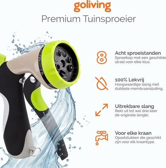 Tuyau d'arrosage flexible Goliving - 30 mètres - Tuyau d'arrosage extensible - Arroseur de jardin - Noir - Huit positions - Avec sac de rangement