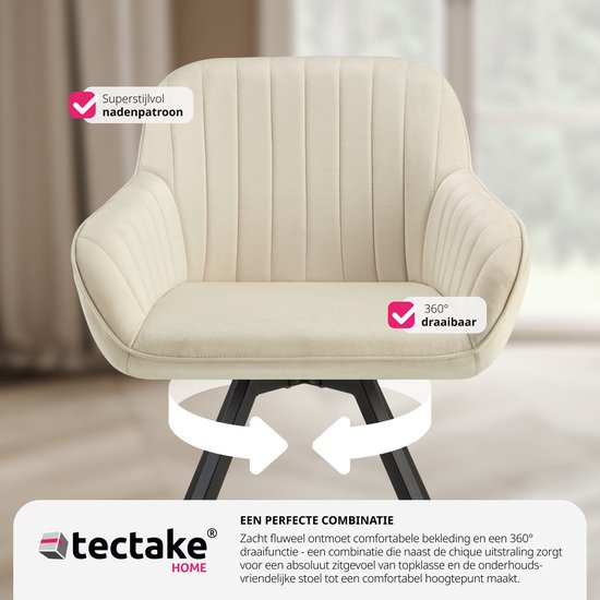 tectake - Chaise de salle à manger pivotante avec accoudoirs - Revêtement en velours - Rembourrée - Crème