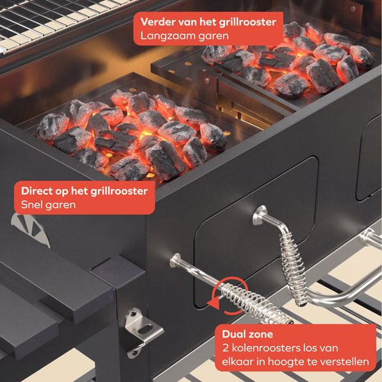 KitchenBrothers Barbecue au charbon de bois XL - Barbecue fumoir à deux zones - Avec grilles à charbon réglables et tables latérales rabattables - Sans PFAS - Surface de cuisson de 42,3 x 75,8 cm - Noir