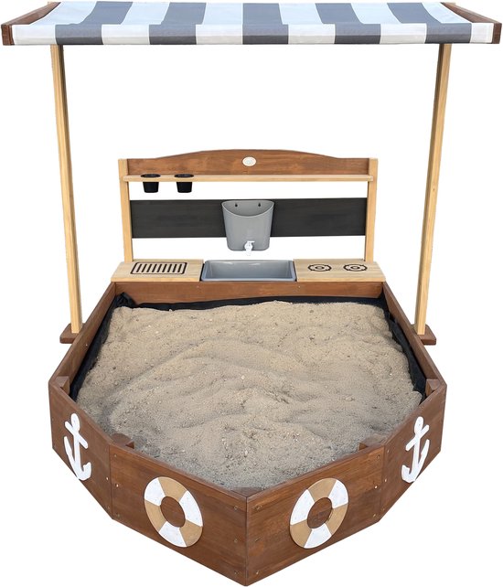 Bac à sable AXI Dora Boot avec cuisine ludique et toit (UV50) 160 x 100 cm Anthracite/marron – Avec tableau noir et espace de rangement - Toile de protection incluse - Garantie 10 ans !