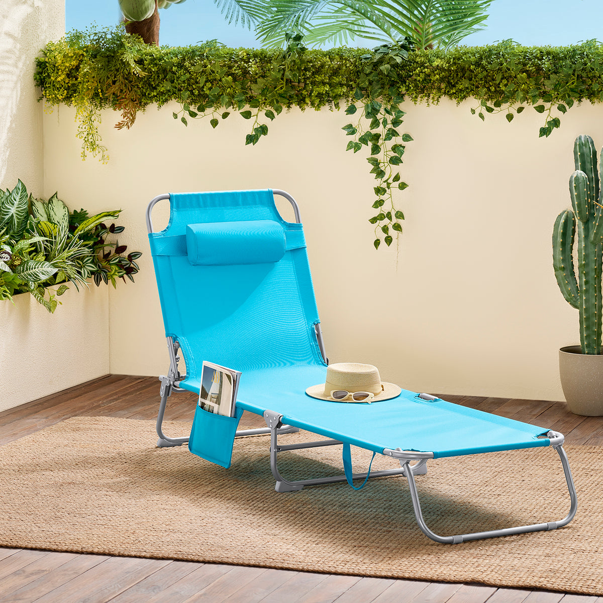 SoBuy Lounger Blue - Chaise longue de jardin pliable et ajustable avec appui-tête et sac de rangement - 57 x 72 x 14 cm replié