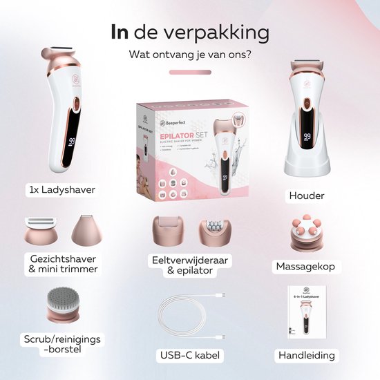 Beeperfect® Épilateur 7 en 1 pour femmes - Rasoir féminin - Tondeuse bikini - Rechargeable - Étanche - 7 accessoires