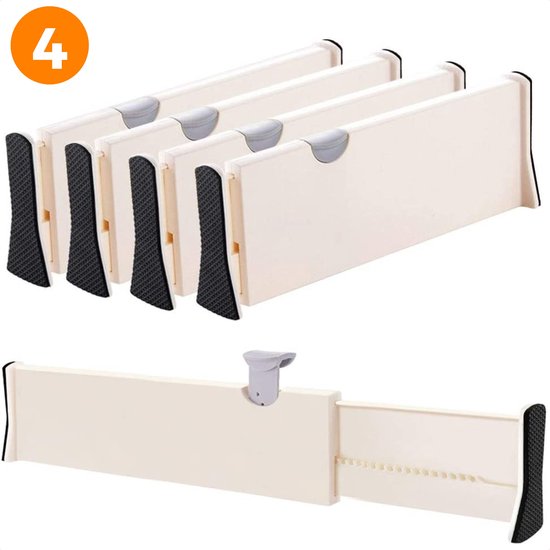 Posity Séparateur de tiroirs - réglable et extensible - 4 pièces - Organisateur de tiroirs - 38-54 cm - Pour la cuisine, la chambre et les vêtements - Plastique - Blanc