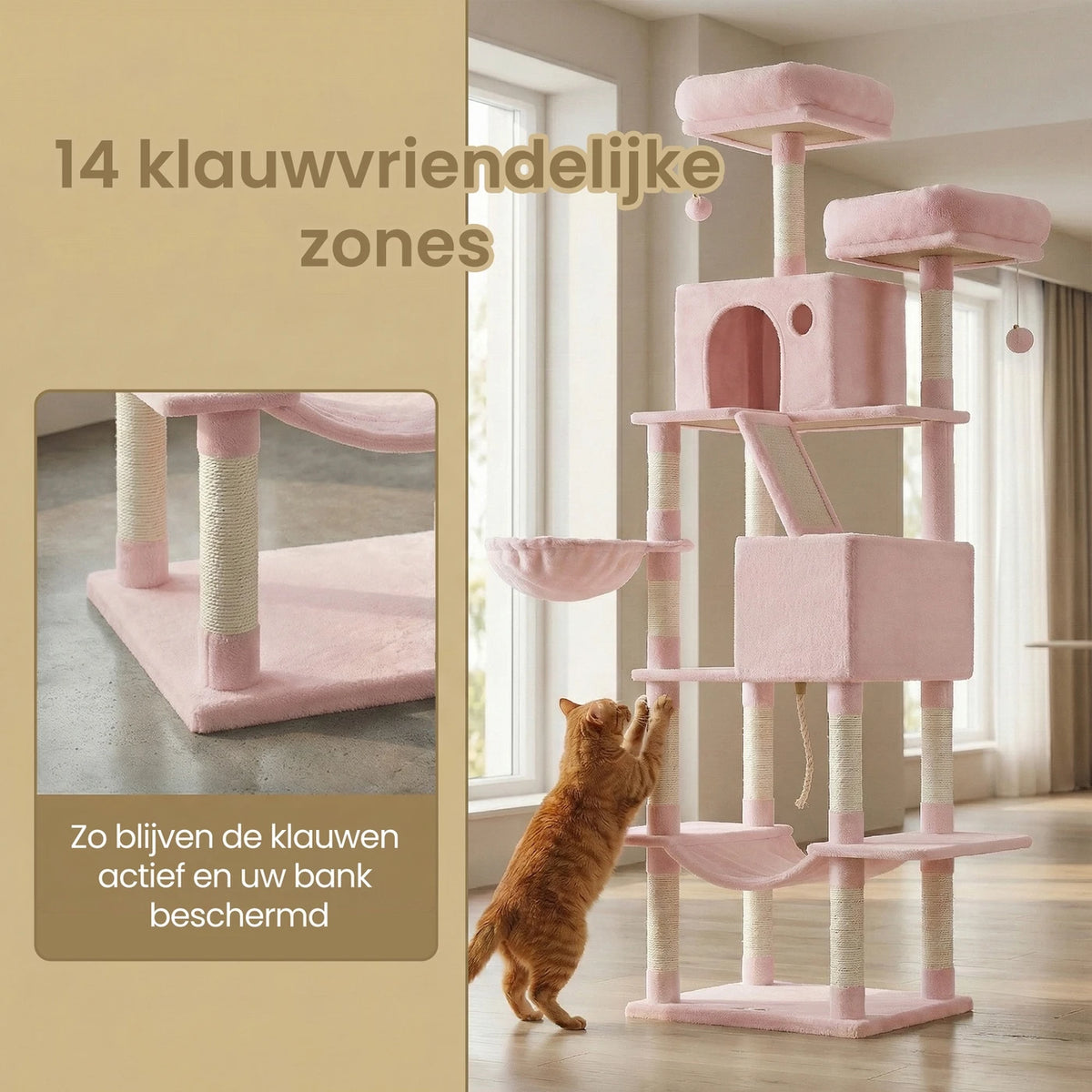 Joyfurnos Arbre à chat 206 cm - Tour pour chat XXL avec 13 poteaux à griffer, 2 maisonnettes et un hamac - Rose