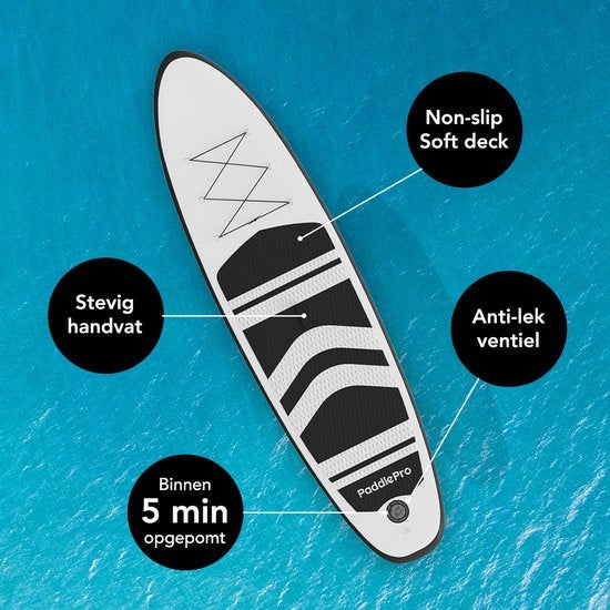 LifeGoods SUP Board - Planche à pagaie gonflable - Ensemble complet - Max. 135KG - 320x81cm - Blanc/Noir