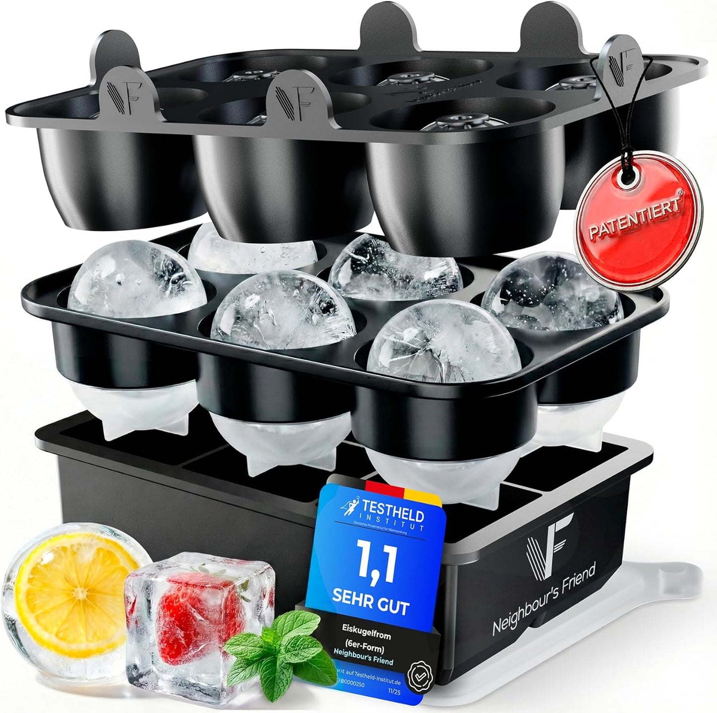 Neighbour's Friend - Moule à glaçons XXL breveté Platinum - grand moule à glaçons rond pour cocktails, gin et boissons - 6 boules de glace + 6 glaçons classiques