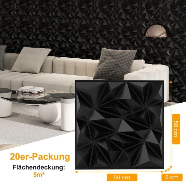 Panneaux muraux Coast 3D Diamant – 40 pièces de 50 x 50 cm – 10 m² – Noir