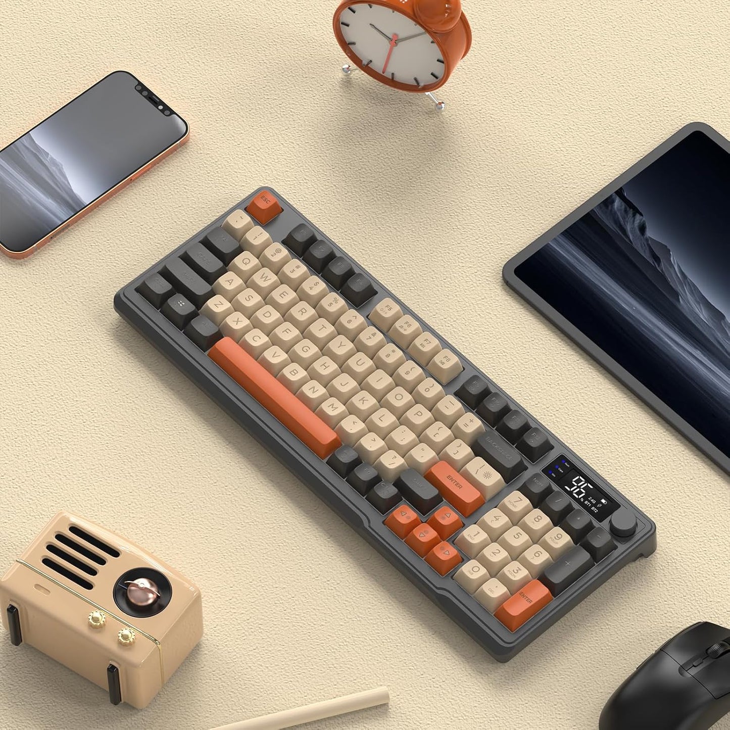 FREEWOLF M96 Wireless Gaming Keyboard, clavier mécanique sans fil Bluetooth/2.4G, rétro-éclairage LED RGB avec écran, capuchon de clavier PBT, 3000mAh, US Layout pour Win/Mac Flickering