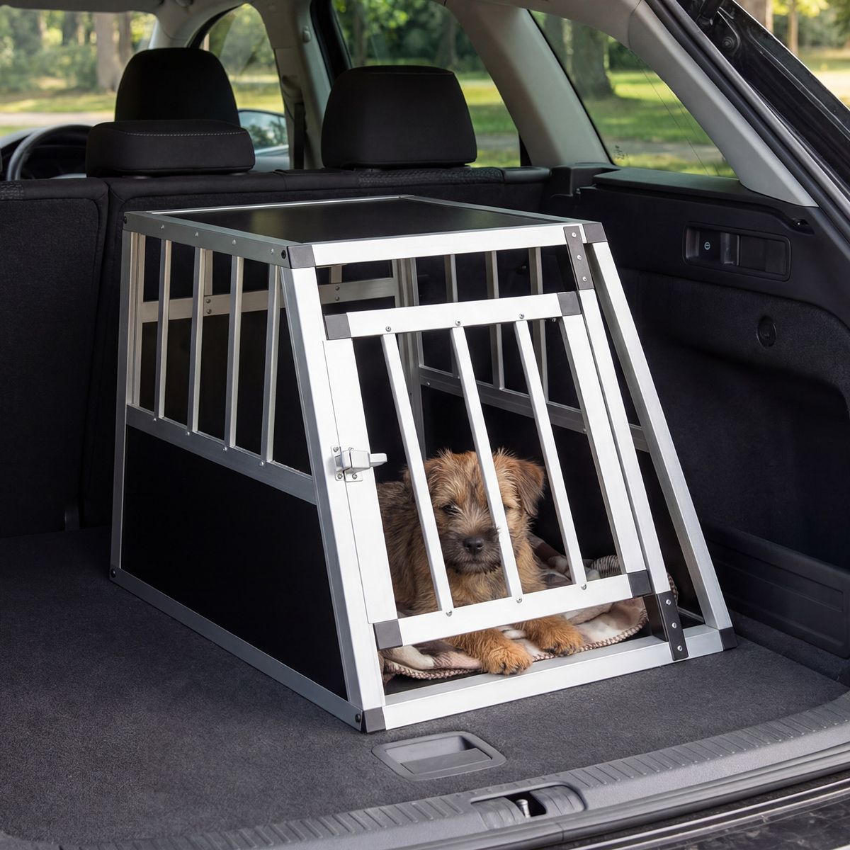 Cage de transport pour animaux Coast - porte verrouillable - cloison amovible - aluminium - 69,5 x 54 x 50,5 cm - argent et noir
