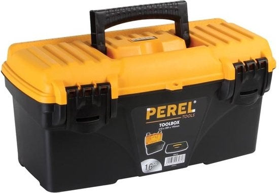 Perel Mallette à outils, polypropylène, avec plateau amovible, poignée rabattable et fermetures en plastique, noir/jaune, 410 x 209 x 195 mm