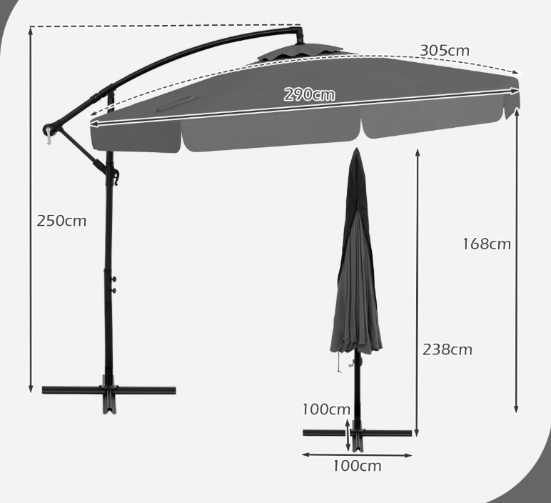 Parasol flottant Coast 305 cm avec housse de protection et Volant - Gris