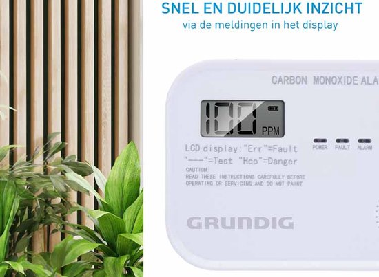 Détecteur de CO Grundig - Détecteur de monoxyde de carbone avec batterie de 10 ans - Compteur de CO avec écran LCD, alarme de niveau de batterie faible et alarme d'erreur de capteur - Détecteur de Co2 avec alarme 85dB - Montage mural - Blanc