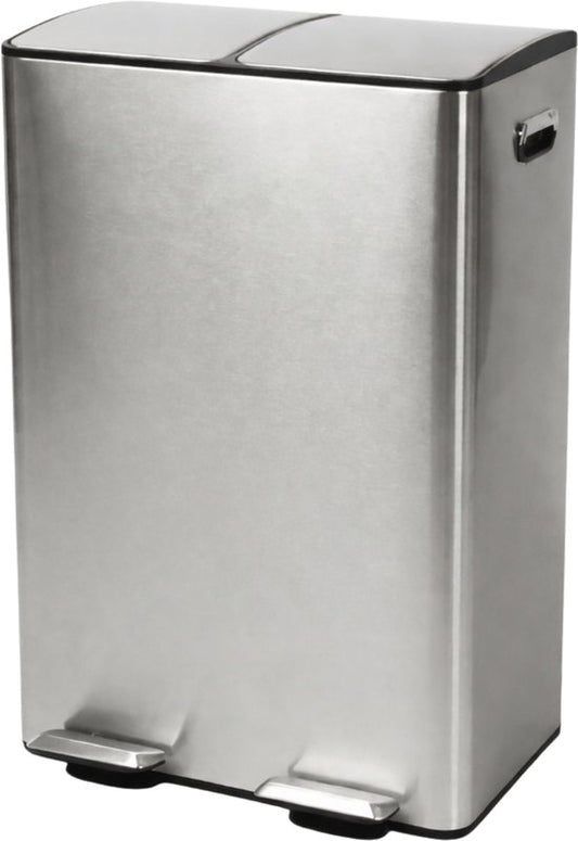 Bayt Poubelle - Poubelle 60 litres (2x30) - Poubelle 60 litres - Poubelle à pédale 60 litres - Poubelle Séparation des déchets - Poubelle 2 compartiments - Poubelle - Acier inoxydable - Argent