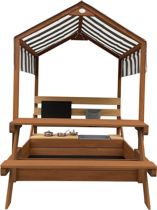 Bac à sable et maisonnette de jeu AXI Bo 159 x 105 cm avec cuisine de jeu et table de pique-nique, marron – Bois FSC – Avec tableau à craie et lot d'accessoires pour bac à sable (6 pièces) – Bâche de protection et toile de sol incluses – Garantie de 10 an