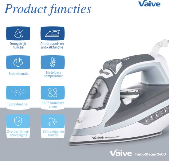 VAIVE SteamMaster 2600 - Fer à vapeur - Fers à vapeur - 2600W - 350 ML - Fonction Spray et Steam blast