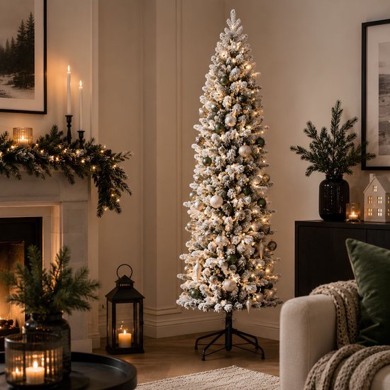 Black Box Trees Harma Slim : sapin de Noël avec effet neige et structure à charnières pour un montage rapide - Sapin artificiel pour petits espaces - Décoration de Noël d'intérieur - H 185 x Ø 63 cm - Vert givré