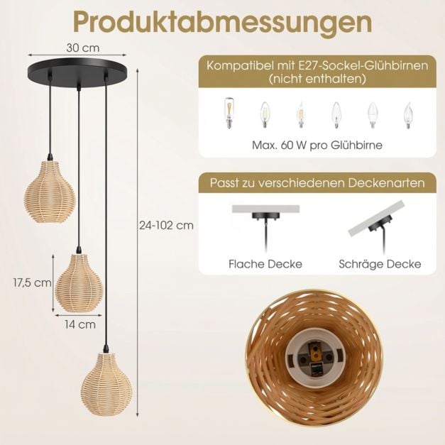 Suspension Coast à 3 lumières en rotin – Réglable de 24 à 102 cm – Ø 30 cm – Noir et beige
