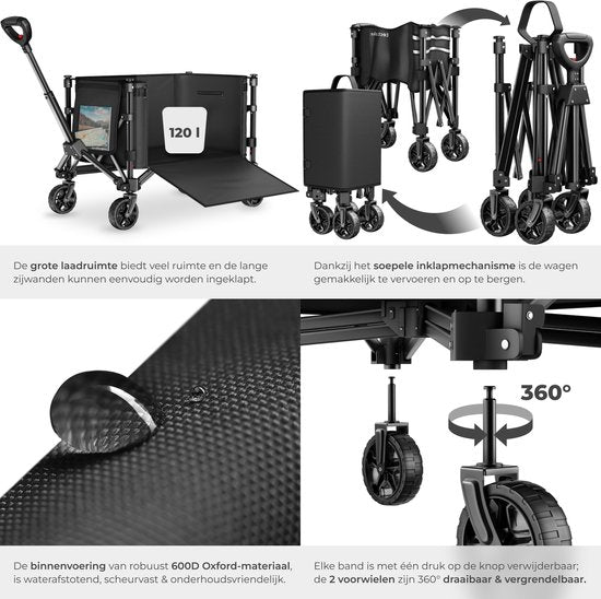 Chariot tectake® - Pliable - Capacité de charge de 60 kg - Roues pivotantes massives - 47 x 83 x 90 cm - Chariots de transport - Chariot à main - Avec poignée télescopique - Chariot à main - Chariot de transport hydrofuge - Avec tablette et compartiment i