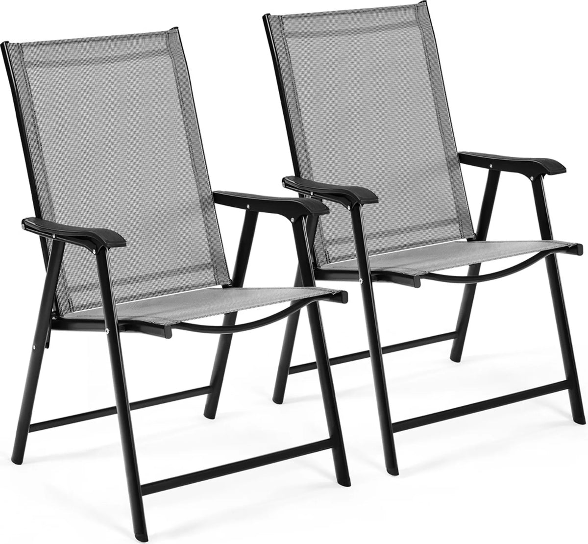 Ensemble de 2 chaises de jardin pliantes avec accoudoirs et dossier haut, en Texteline grise