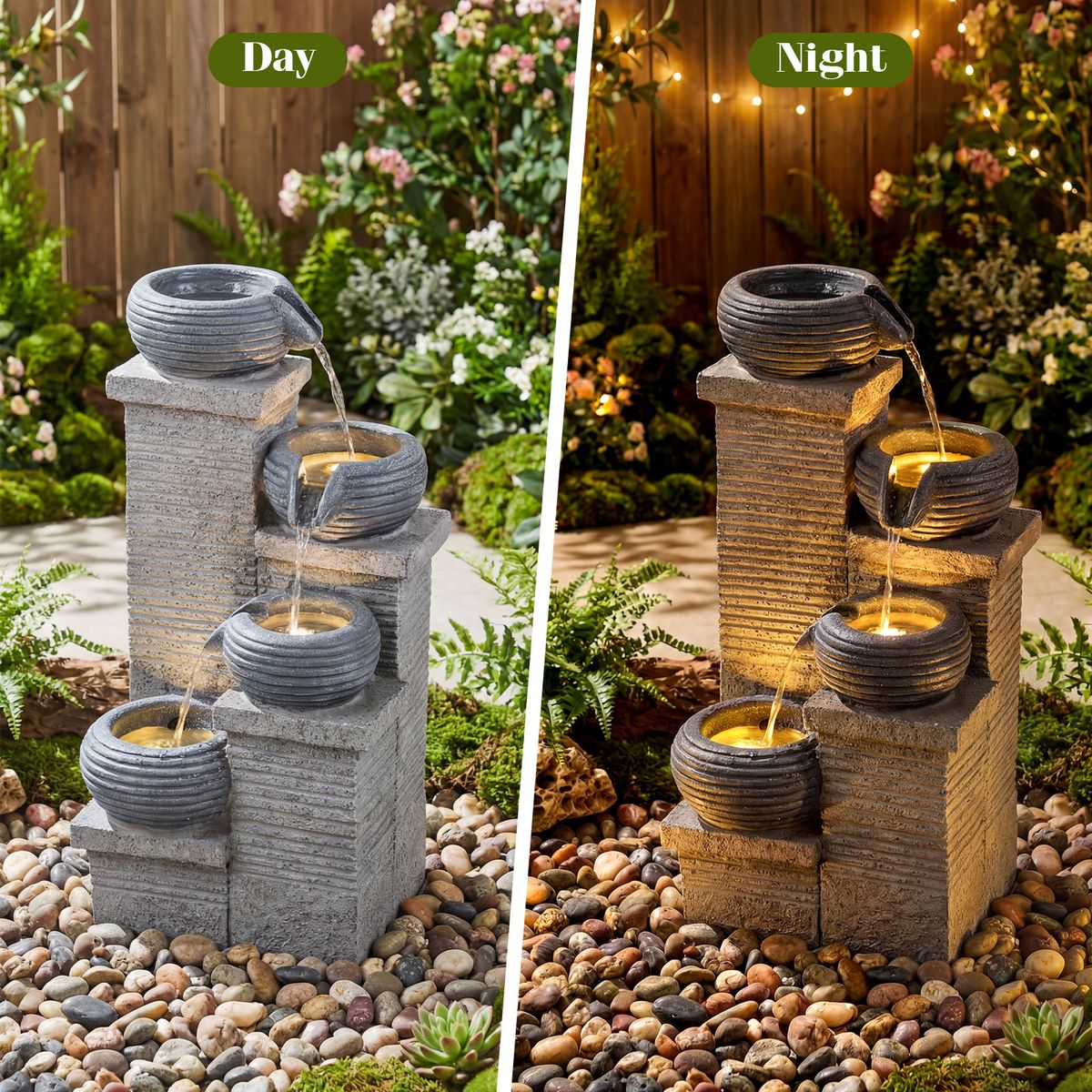 Fontaine de jardin Coast avec éclairage LED - Cascade à quatre niveaux - Résine synthétique et fibre de verre - Gris 28 x 22 x 58 cm