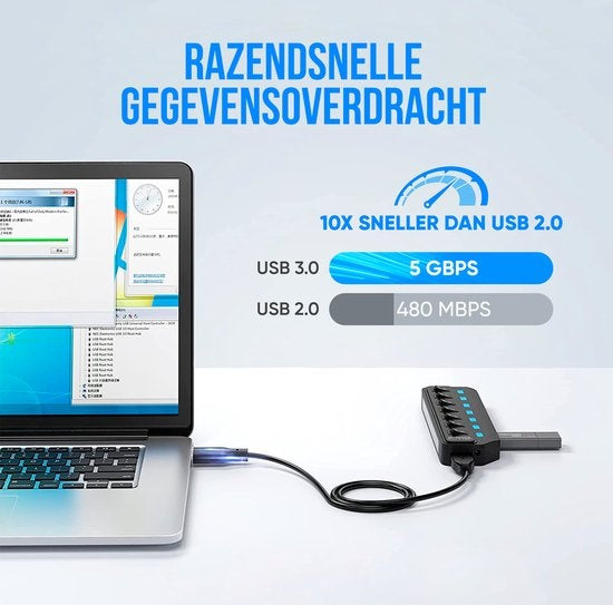 Strex USB 3.0 Hub - Répartiteur USB - 7 ports - 5Gbps - Indication LED - Interrupteur marche/arrêt - Câble 100CM