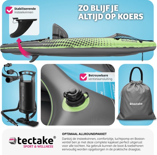 tectake® - Inflatable Kayak - Canoë gonflable pour 1 personne avec pagaie double et accessoires - Siège, pompe, sac de transport - Sports nautiques - Bateau à rames