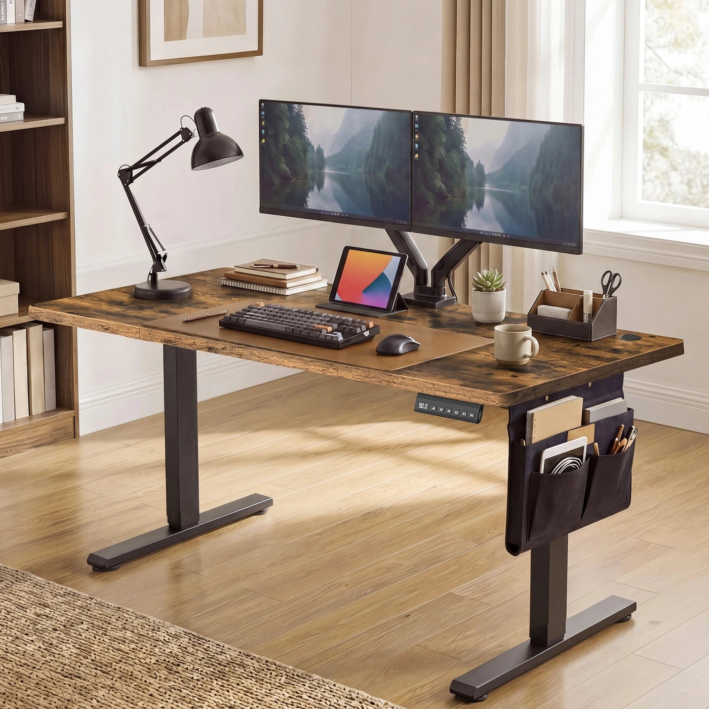 Bureau électrique réglable JOYFURNOS 180 x 80 cm - 72-120 cm - Marron vintage et noir - Fonction mémoire - 70 kg