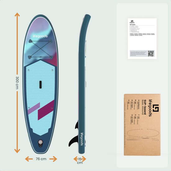 LifeGoods SUP Board All-round Compact - avec siège - capacité de charge de 100 KG - 300 x 76 cm - gonflable - ensemble complet de SUP - bleu/violet
