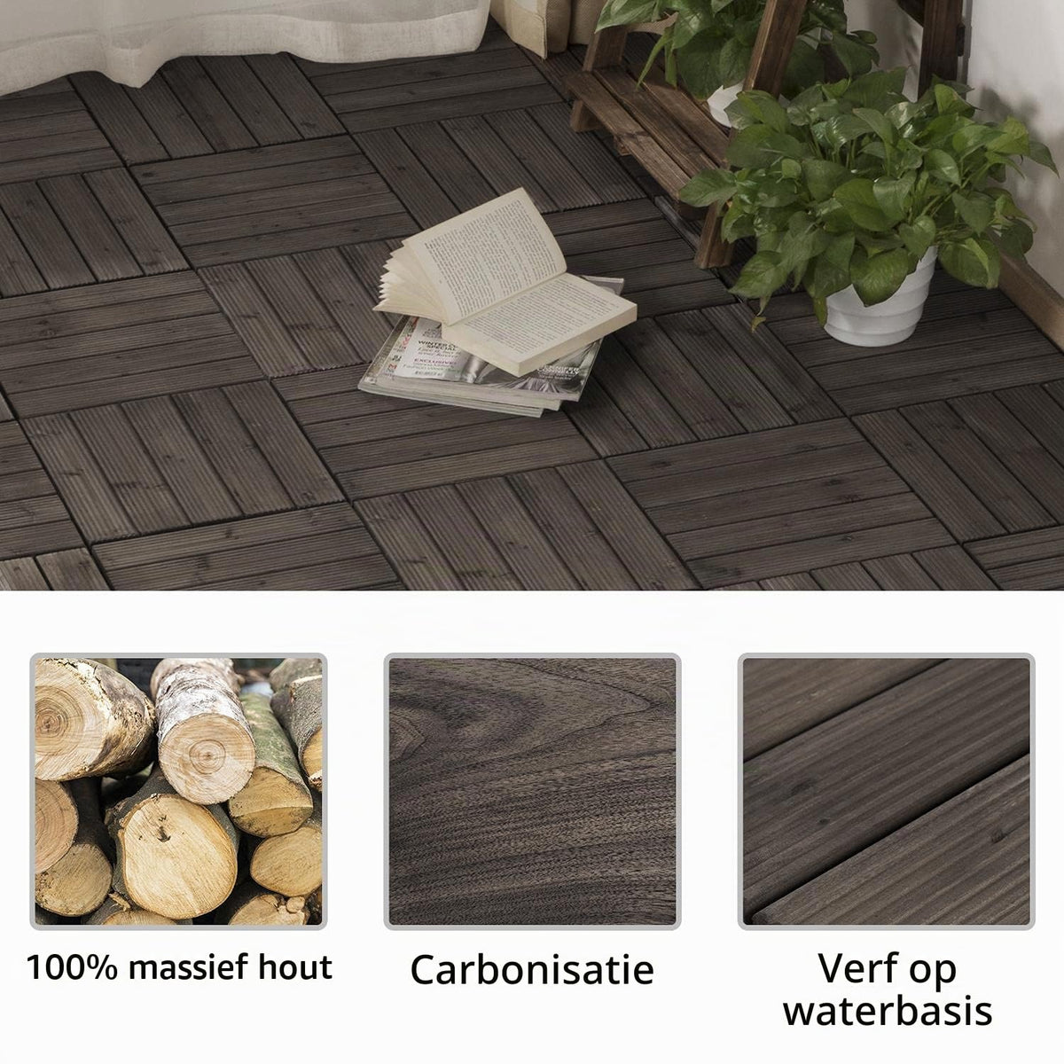 Dalles de terrasse en bois Yaheetech 30 x 30 cm - 27 pièces - 2,6 m² - Noir
