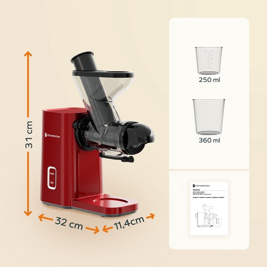 KitchenBrothers Slowjuicer - Mini presse-agrumes - Presse-légumes et fruits - Alimentation 40 mm et 50 mm - 400 ml - Rouge
