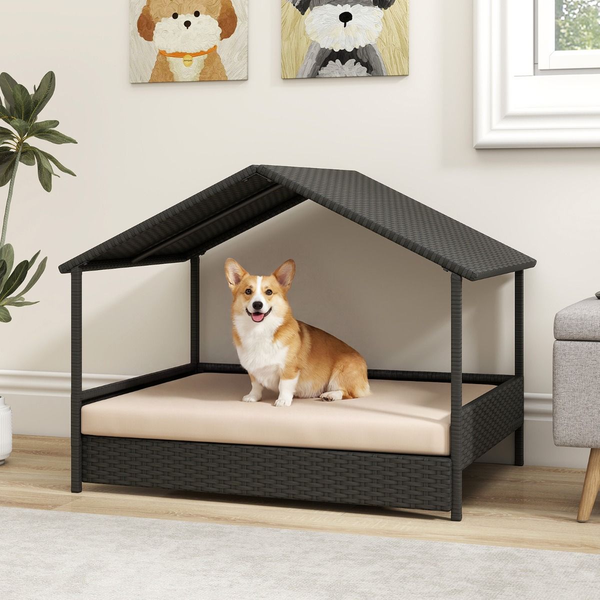 Panier pour chien Coast avec baldaquin - Canapé surélevé en rotin pour chien - Coussin inclus - Beige