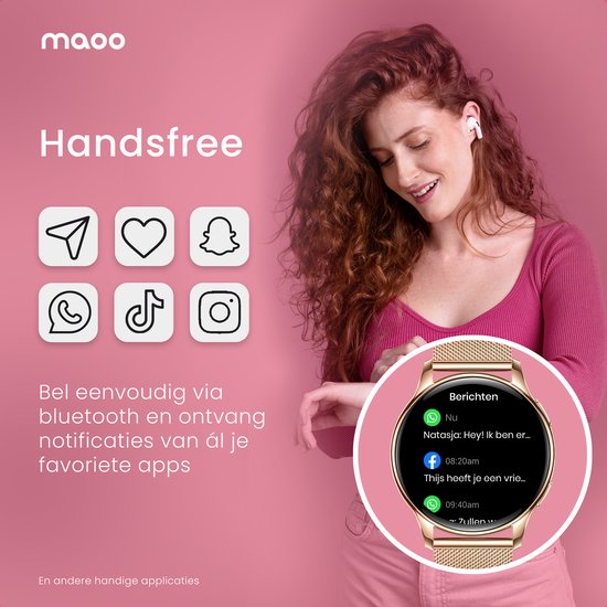 Maoo Ventura AMOLED Smartwatch Ladies - Acier inoxydable et bracelet en silicone 3x - Podomètre - Moniteur de fréquence cardiaque - Moniteur de sommeil - Multisport - Convient à Android et iOS - Rose Gold et Pink
