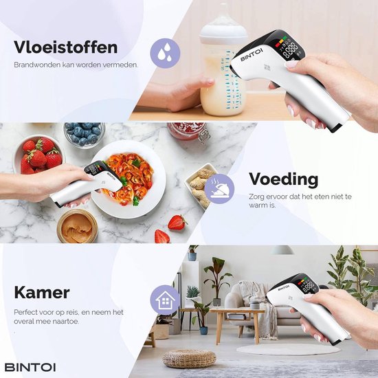 Bintoi® Thermomètre frontal - Thermomètre de corps - Thermomètre d'oreille - Thermomètre de fièvre pour adultes et bébés - Mesure instantanée en 1 seconde - Facile à lire dans l'obscurité - Piles incluses.