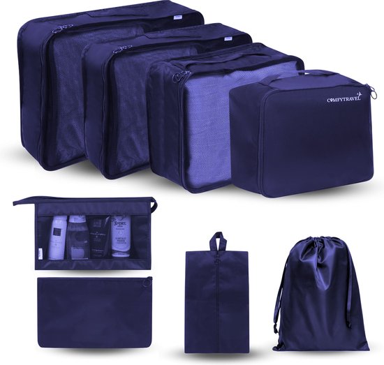 Comfytravel Packing Cubes Set - Organisateur de voyage pour valise / sac à dos - Accessoires de voyage - Imperméable / 8 pièces - Bleu foncé